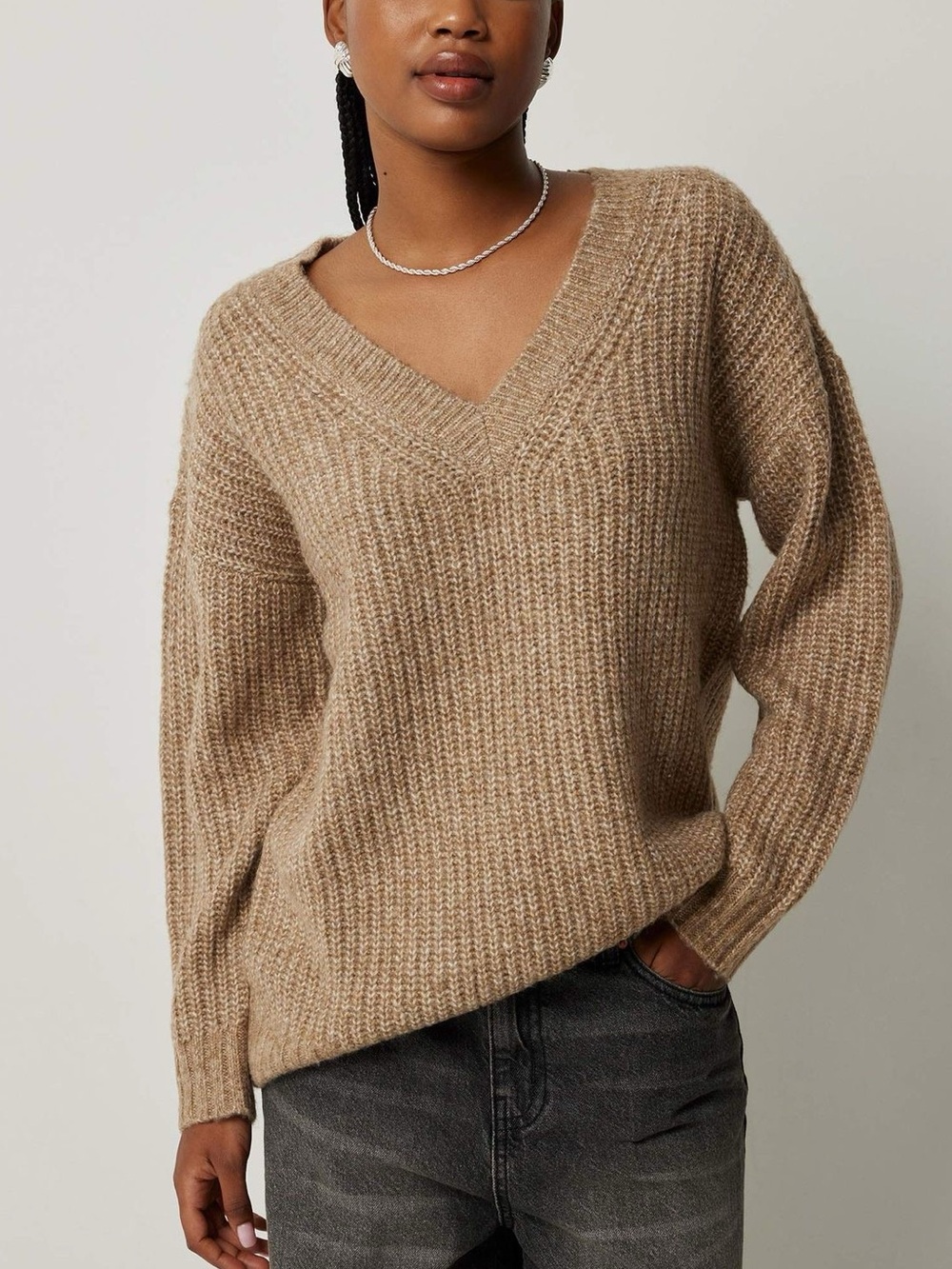 AE Woah So Cozy V-Neck Cozy Ribbed Sweater in Camel Brown XL
